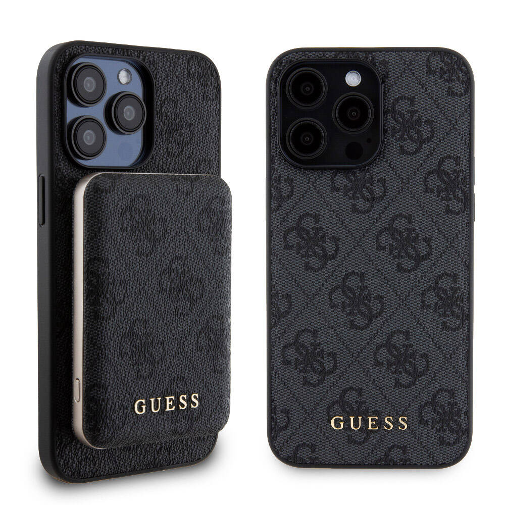 Apple iPhone 15 Pro Max Kılıf Guess Orjinal Lisanslı Magsafe Şarj Özellikli Yazı Logolu 4G Desenli Kapak + Powerbank 5000mAh 2in1 Set Kahverengi