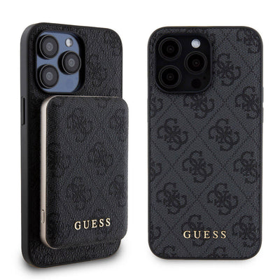 Apple iPhone 15 Pro Max Kılıf Guess Orjinal Lisanslı Magsafe Şarj Özellikli Yazı Logolu 4G Desenli Kapak + Powerbank 5000mAh 2in1 Set Kahverengi