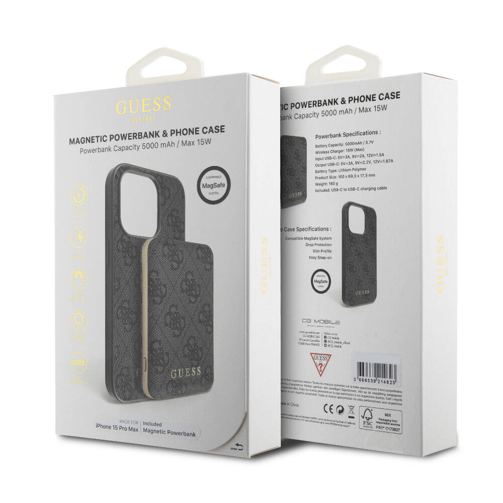 iPhone 15 Pro Max Kılıf Guess Orjinal Lisanslı M-safe Şarj Özellikli Yazı Logolu 4G Desenli Kılıf + Powerbank 5000mAh 2in1 Set