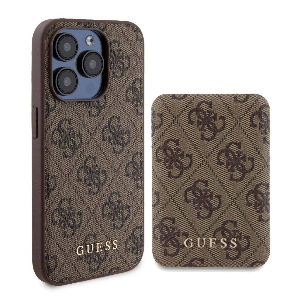 Apple iPhone 15 Pro Max Kılıf Guess Orjinal Lisanslı Magsafe Şarj Özellikli Yazı Logolu 4G Desenli Kapak + Powerbank 5000mAh 2in1 Set Kahverengi