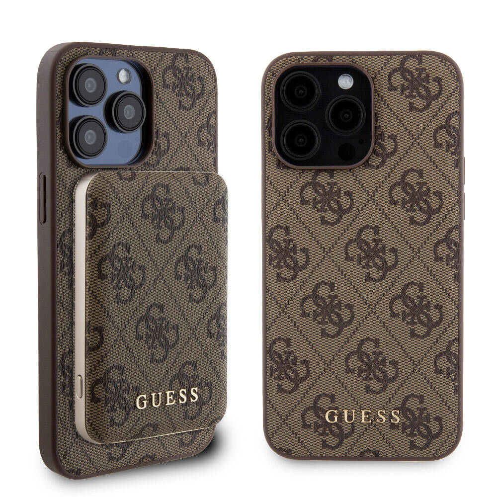 Apple iPhone 15 Pro Max Kılıf Guess Orjinal Lisanslı Magsafe Şarj Özellikli Yazı Logolu 4G Desenli Kapak + Powerbank 5000mAh 2in1 Set Kahverengi