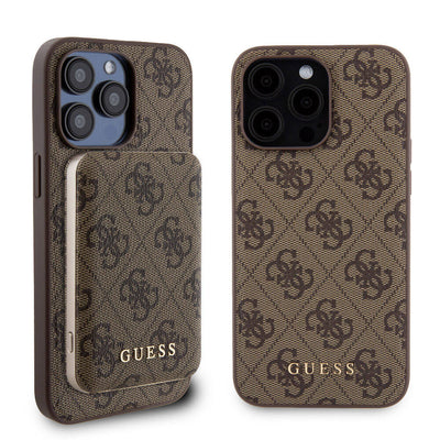 Apple iPhone 15 Pro Max Kılıf Guess Orjinal Lisanslı Magsafe Şarj Özellikli Yazı Logolu 4G Desenli Kapak + Powerbank 5000mAh 2in1 Set Kahverengi