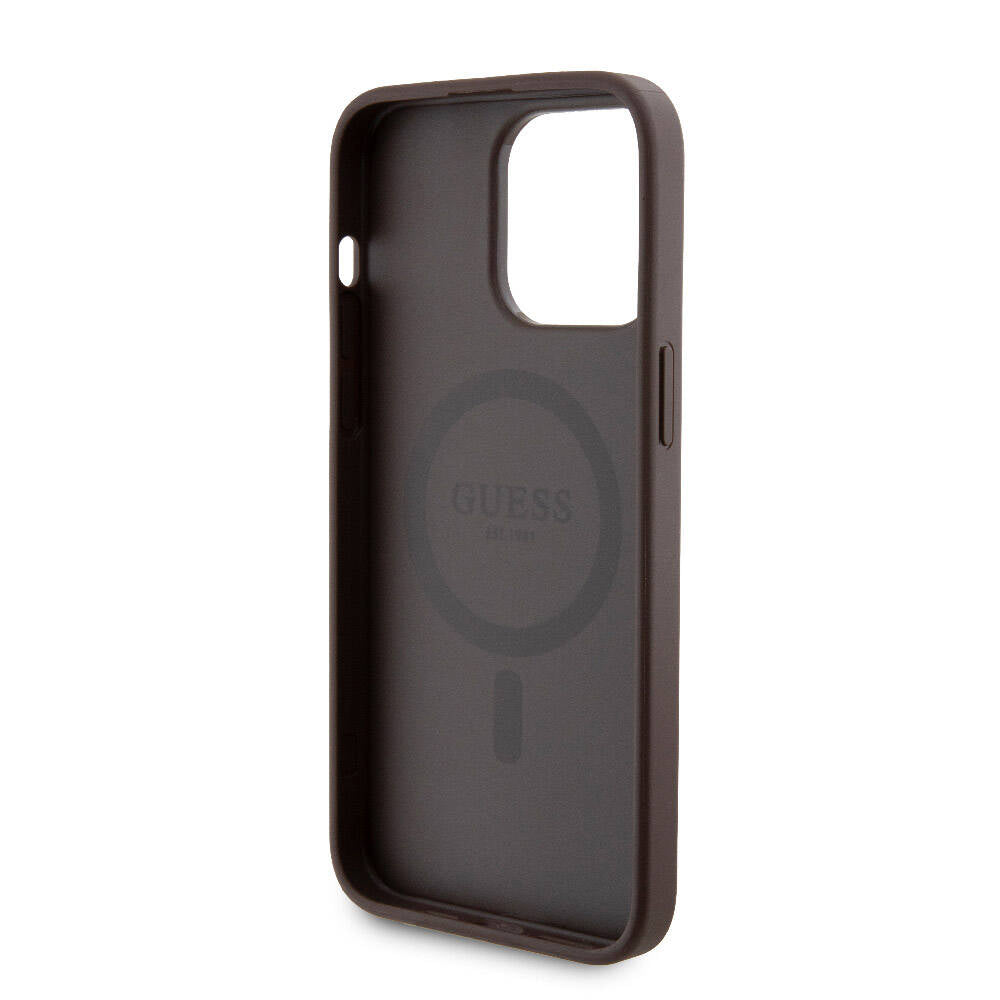 Apple iPhone 15 Pro Max Kılıf Guess Orjinal Lisanslı Magsafe Şarj Özellikli Yazı Logolu 4G Desenli Kapak + Powerbank 5000mAh 2in1 Set Kahverengi