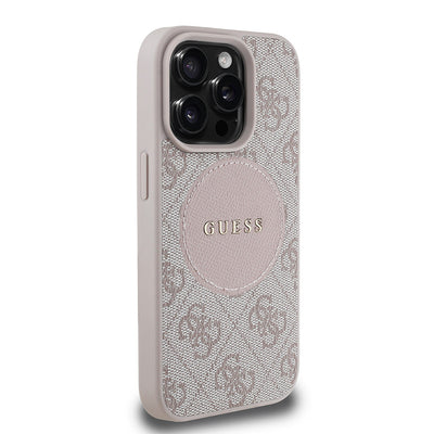 Apple iPhone 15 Pro Max Kılıf Guess Orjinal Lisanslı M-safe Şarj Özellikli Yazı Logolu Circle Classic Kapak Pembe