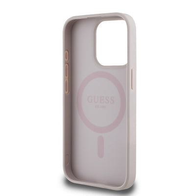 Apple iPhone 15 Pro Max Kılıf Guess Orjinal Lisanslı M-safe Şarj Özellikli Yazı Logolu Circle Classic Kapak Pembe