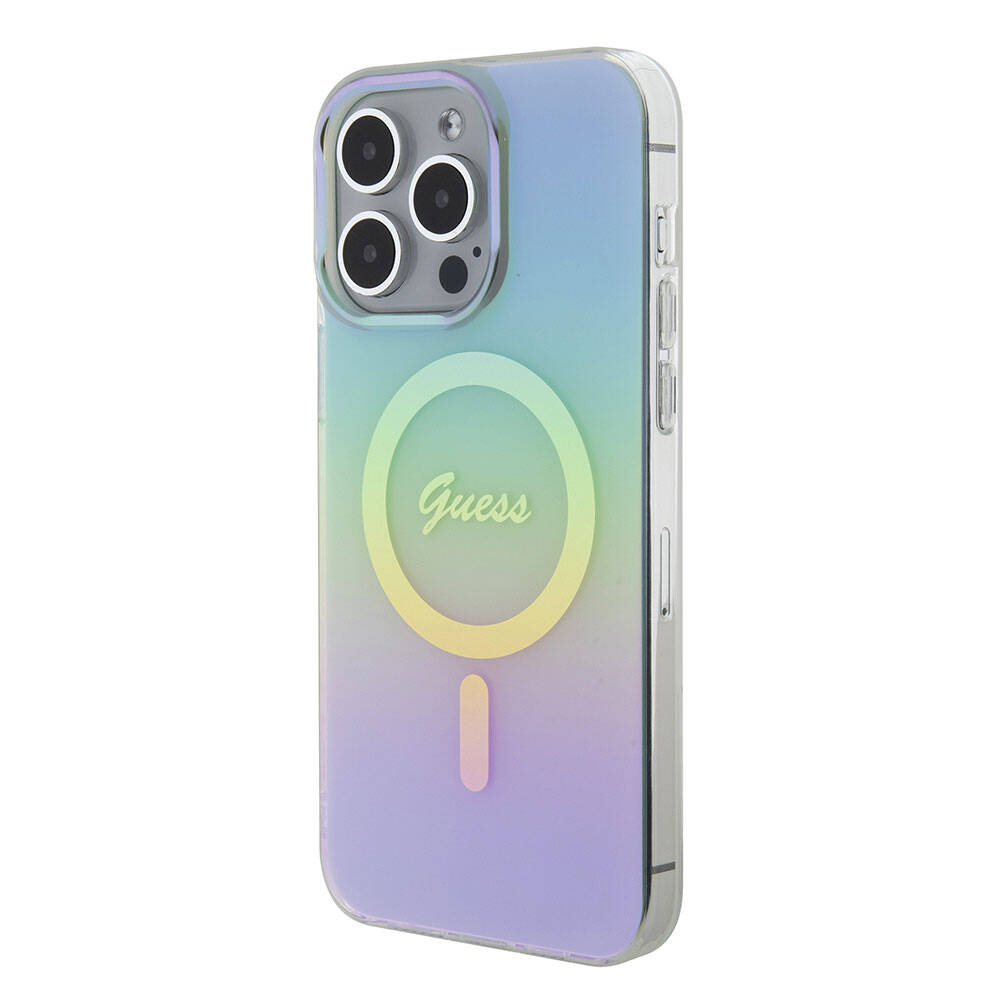 iPhone 15 Pro Max Kılıf Guess Orjinal Lisanslı M-safe Şarj Özellikli Yazı Logolu Iridescent Kılıf