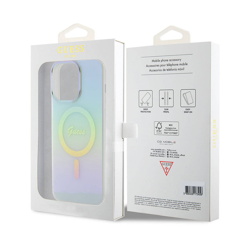 Apple iPhone 15 Pro Max Kılıf Guess Orjinal Lisanslı Magsafe Şarj Özellikli Yazı Logolu Iridescent Kapak Pembe