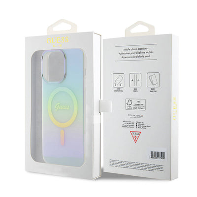Apple iPhone 15 Pro Max Kılıf Guess Orjinal Lisanslı Magsafe Şarj Özellikli Yazı Logolu Iridescent Kapak Pembe