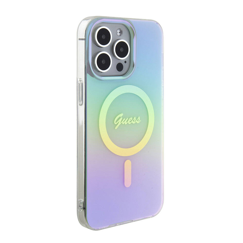 Apple iPhone 15 Pro Max Kılıf Guess Orjinal Lisanslı Magsafe Şarj Özellikli Yazı Logolu Iridescent Kapak Turkuaz