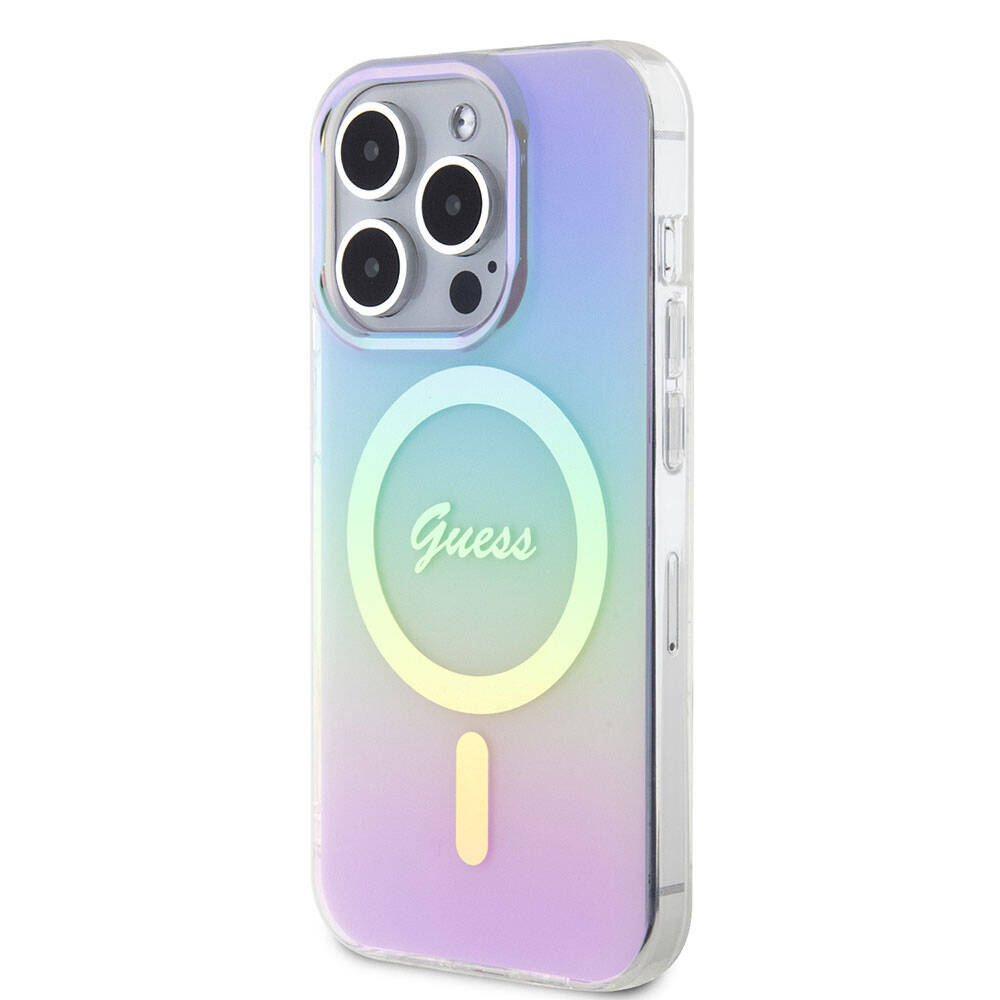 Apple iPhone 15 Pro Max Kılıf Guess Orjinal Lisanslı Magsafe Şarj Özellikli Yazı Logolu Iridescent Kapak Pembe