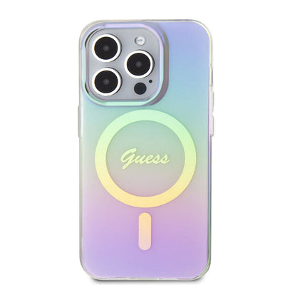 Apple iPhone 15 Pro Max Kılıf Guess Orjinal Lisanslı Magsafe Şarj Özellikli Yazı Logolu Iridescent Kapak Pembe