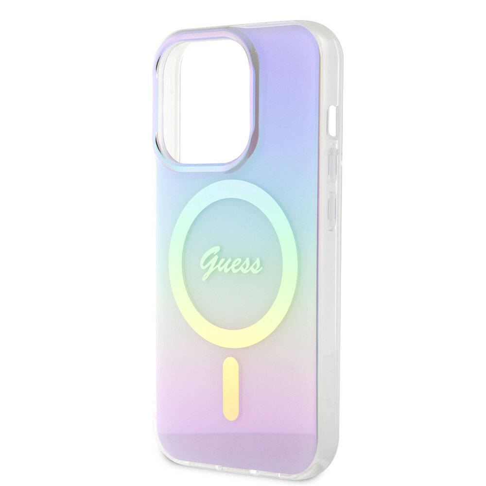 Apple iPhone 15 Pro Max Kılıf Guess Orjinal Lisanslı Magsafe Şarj Özellikli Yazı Logolu Iridescent Kapak Mor