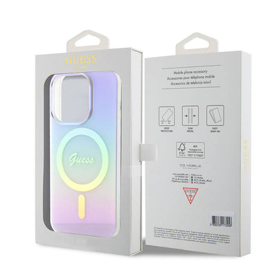 Apple iPhone 15 Pro Max Kılıf Guess Orjinal Lisanslı Magsafe Şarj Özellikli Yazı Logolu Iridescent Kapak Pembe