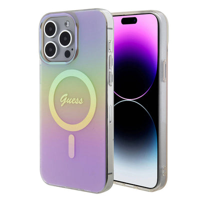 Apple iPhone 15 Pro Max Kılıf Guess Orjinal Lisanslı Magsafe Şarj Özellikli Yazı Logolu Iridescent Kapak Pembe