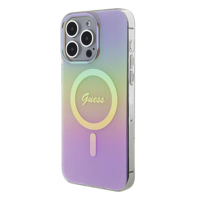 Apple iPhone 15 Pro Max Kılıf Guess Orjinal Lisanslı Magsafe Şarj Özellikli Yazı Logolu Iridescent Kapak Mor