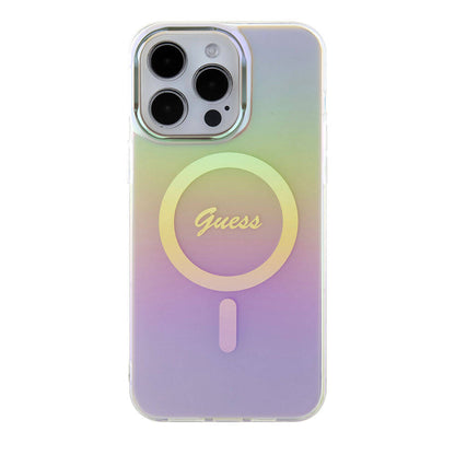 iPhone 15 Pro Max Kılıf Guess Orjinal Lisanslı M-safe Şarj Özellikli Yazı Logolu Iridescent Kılıf