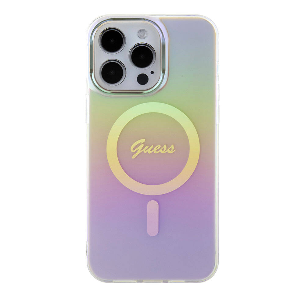 Apple iPhone 15 Pro Max Kılıf Guess Orjinal Lisanslı Magsafe Şarj Özellikli Yazı Logolu Iridescent Kapak Mor