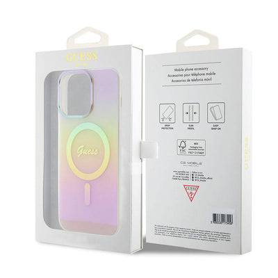 Apple iPhone 15 Pro Max Kılıf Guess Orjinal Lisanslı Magsafe Şarj Özellikli Yazı Logolu Iridescent Kapak Mor