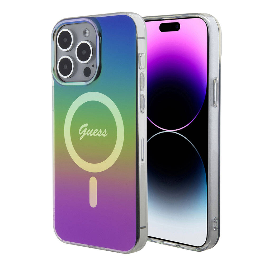 Apple iPhone 15 Pro Max Kılıf Guess Orjinal Lisanslı Magsafe Şarj Özellikli Yazı Logolu Iridescent Kapak Pembe