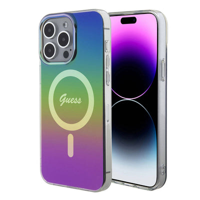 Apple iPhone 15 Pro Max Kılıf Guess Orjinal Lisanslı Magsafe Şarj Özellikli Yazı Logolu Iridescent Kapak Pembe