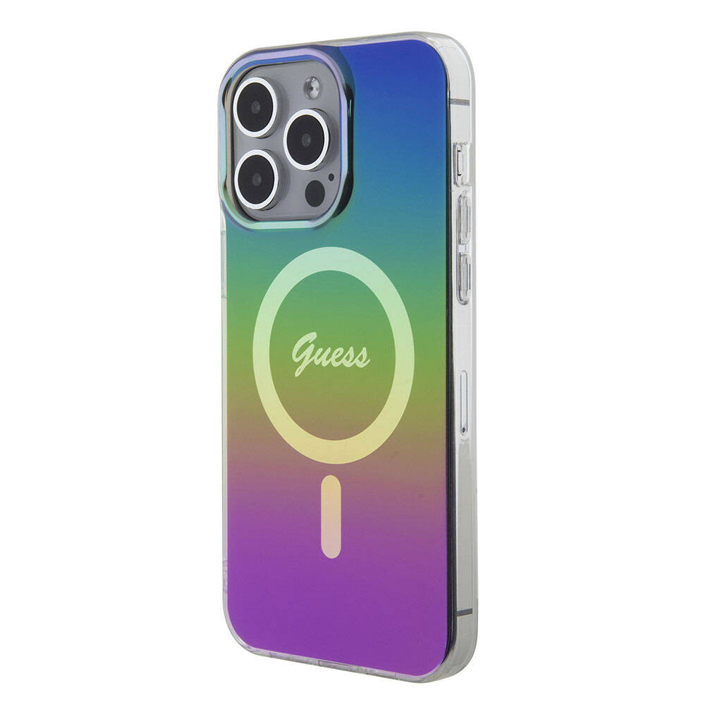 Apple iPhone 15 Pro Max Kılıf Guess Orjinal Lisanslı Magsafe Şarj Özellikli Yazı Logolu Iridescent Kapak Mor
