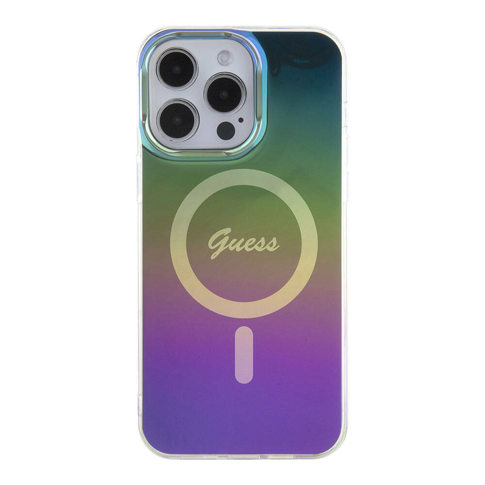 iPhone 15 Pro Max Kılıf Guess Orjinal Lisanslı M-safe Şarj Özellikli Yazı Logolu Iridescent Kılıf