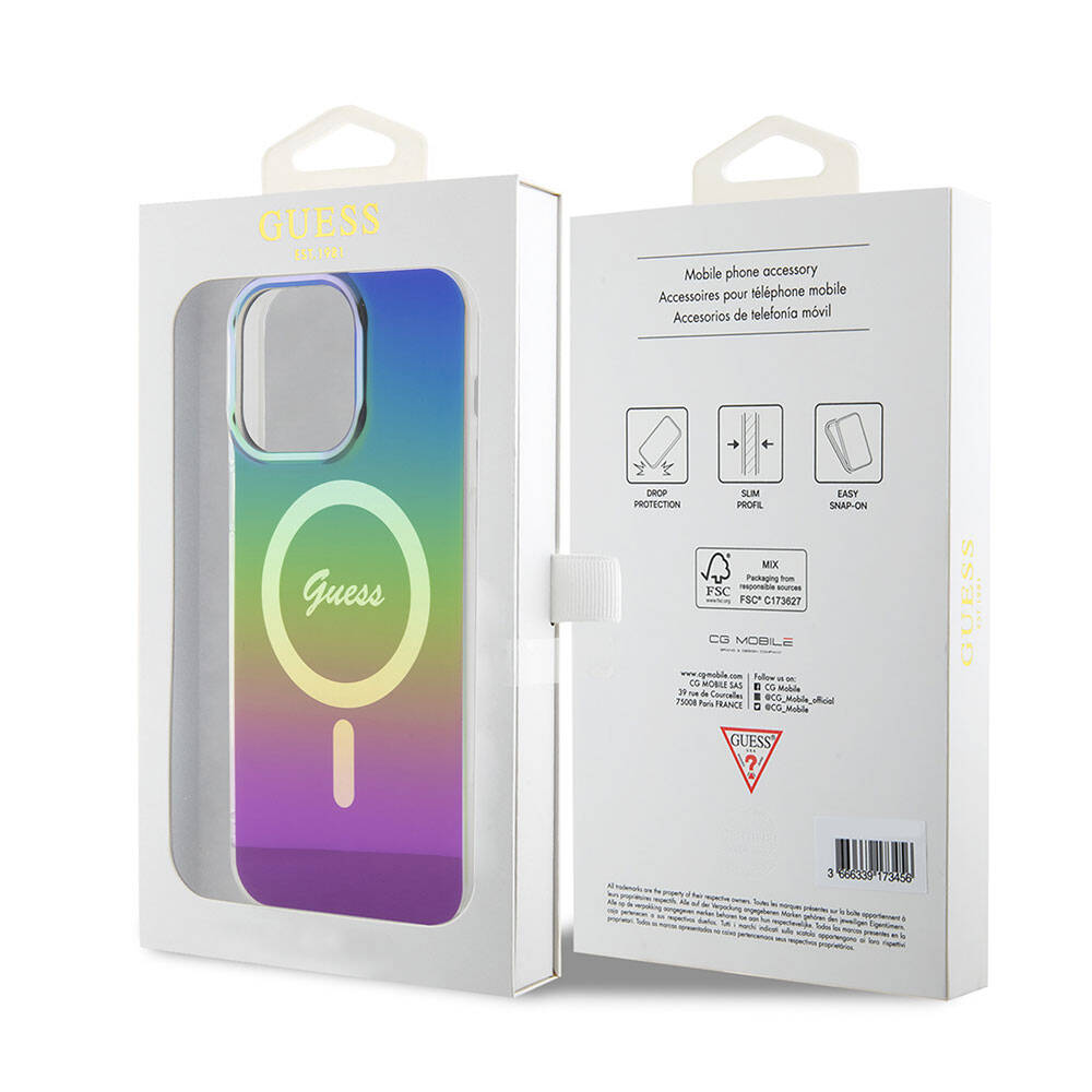Apple iPhone 15 Pro Max Kılıf Guess Orjinal Lisanslı Magsafe Şarj Özellikli Yazı Logolu Iridescent Kapak Pembe
