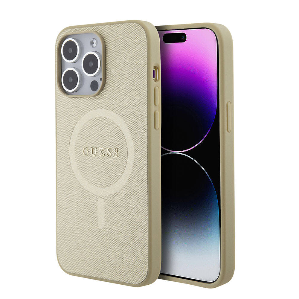 iPhone 15 Pro Max Kılıf Guess Orjinal Lisanslı M-safe Şarj Özellikli Yazı Logolu Saffiano Kılıf