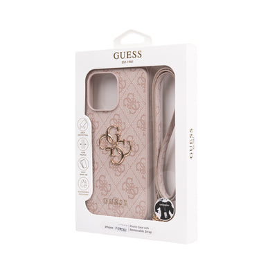 Apple iPhone 15 Pro Max Kılıf Guess Orjinal Lisanslı PU Deri 4G Büyük Metal Logolu Çapraz Vücut Askılı Kapak Siyah