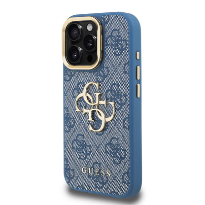 iPhone 15 Pro Max Kılıf Guess Orjinal Lisanslı PU Deri 4G Desenli Metal Büyük 4G ve Yazı Logolu Kamera Standlı Kılıf