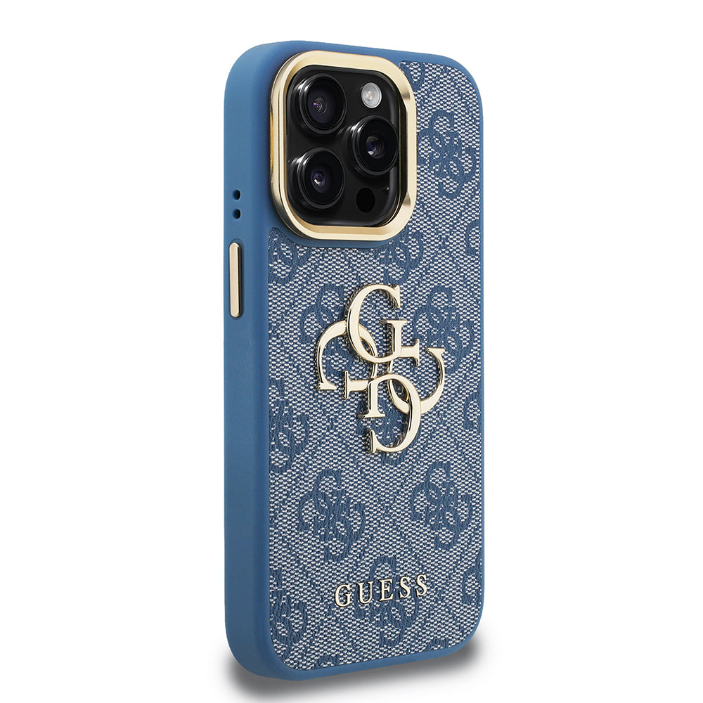 iPhone 15 Pro Max Kılıf Guess Orjinal Lisanslı PU Deri 4G Desenli Metal Büyük 4G ve Yazı Logolu Kamera Standlı Kılıf