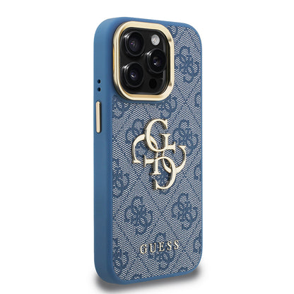 iPhone 15 Pro Max Kılıf Guess Orjinal Lisanslı PU Deri 4G Desenli Metal Büyük 4G ve Yazı Logolu Kamera Standlı Kılıf