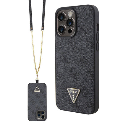 iPhone 15 Pro Max Kılıf Guess Orjinal Lisanslı PU Deri Askılı Taşlı Üçgen Logo 4G Desenli Strass Crossbody Kılıf