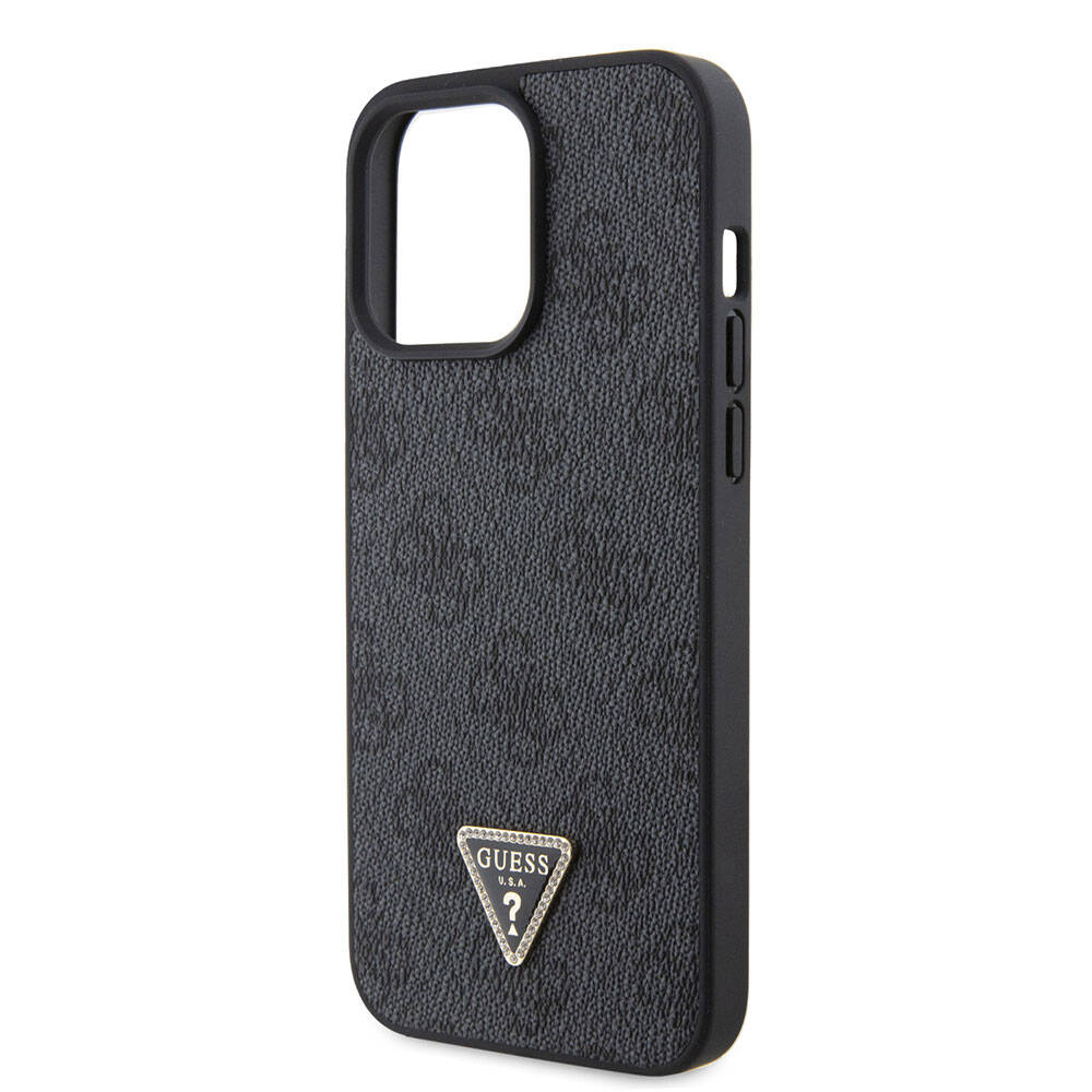 iPhone 15 Pro Max Kılıf Guess Orjinal Lisanslı PU Deri Askılı Taşlı Üçgen Logo 4G Desenli Strass Crossbody Kılıf