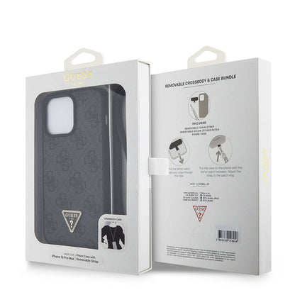 iPhone 15 Pro Max Kılıf Guess Orjinal Lisanslı PU Deri Askılı Taşlı Üçgen Logo 4G Desenli Strass Crossbody Kılıf