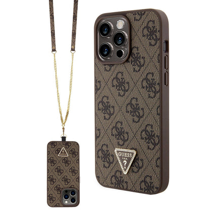 iPhone 15 Pro Max Kılıf Guess Orjinal Lisanslı PU Deri Askılı Taşlı Üçgen Logo 4G Desenli Strass Crossbody Kılıf