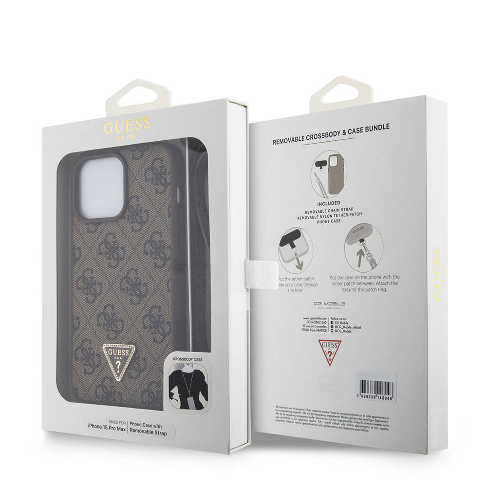 iPhone 15 Pro Max Kılıf Guess Orjinal Lisanslı PU Deri Askılı Taşlı Üçgen Logo 4G Desenli Strass Crossbody Kılıf