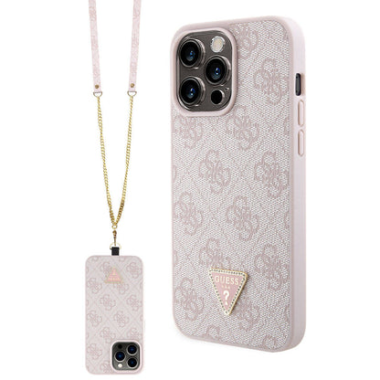 iPhone 15 Pro Max Kılıf Guess Orjinal Lisanslı PU Deri Askılı Taşlı Üçgen Logo 4G Desenli Strass Crossbody Kılıf