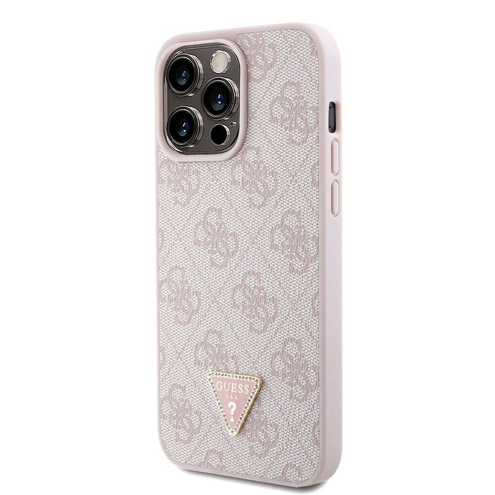 iPhone 15 Pro Max Kılıf Guess Orjinal Lisanslı PU Deri Askılı Taşlı Üçgen Logo 4G Desenli Strass Crossbody Kılıf