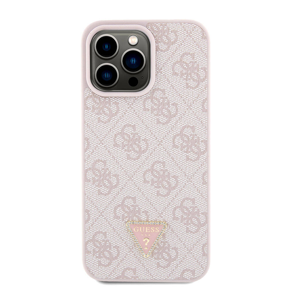 iPhone 15 Pro Max Kılıf Guess Orjinal Lisanslı PU Deri Askılı Taşlı Üçgen Logo 4G Desenli Strass Crossbody Kılıf