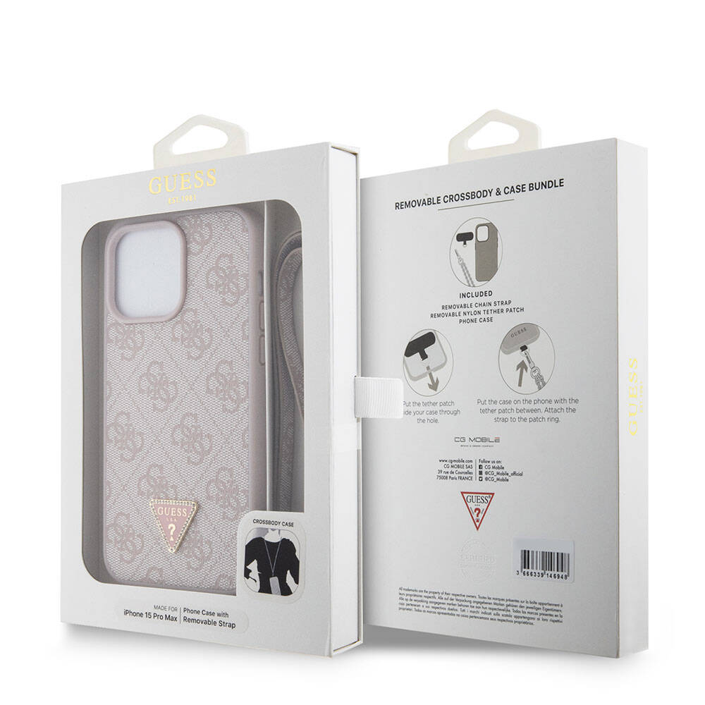iPhone 15 Pro Max Kılıf Guess Orjinal Lisanslı PU Deri Askılı Taşlı Üçgen Logo 4G Desenli Strass Crossbody Kılıf