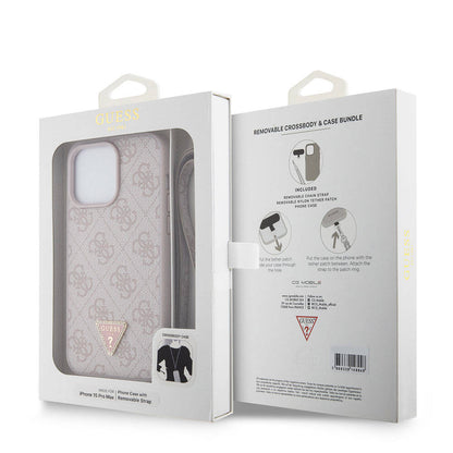 iPhone 15 Pro Max Kılıf Guess Orjinal Lisanslı PU Deri Askılı Taşlı Üçgen Logo 4G Desenli Strass Crossbody Kılıf