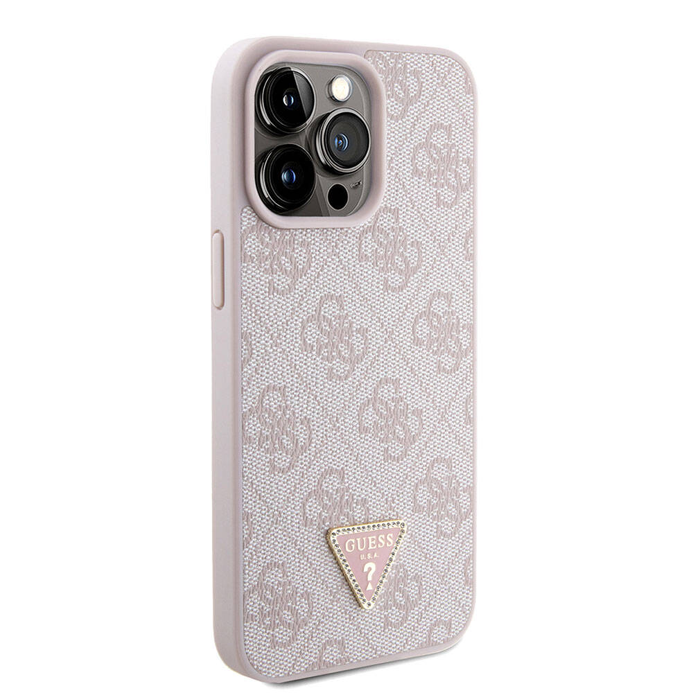 iPhone 15 Pro Max Kılıf Guess Orjinal Lisanslı PU Deri Askılı Taşlı Üçgen Logo 4G Desenli Strass Crossbody Kılıf