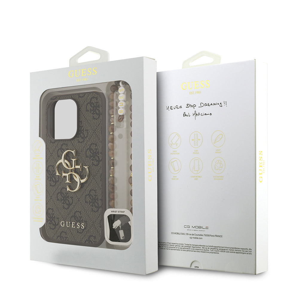 iPhone 15 Pro Max Kılıf Guess Orjinal Lisanslı PU Deri Bilek Askı İpli Metal Büyük 4G ve Yazı Logolu Kılıf