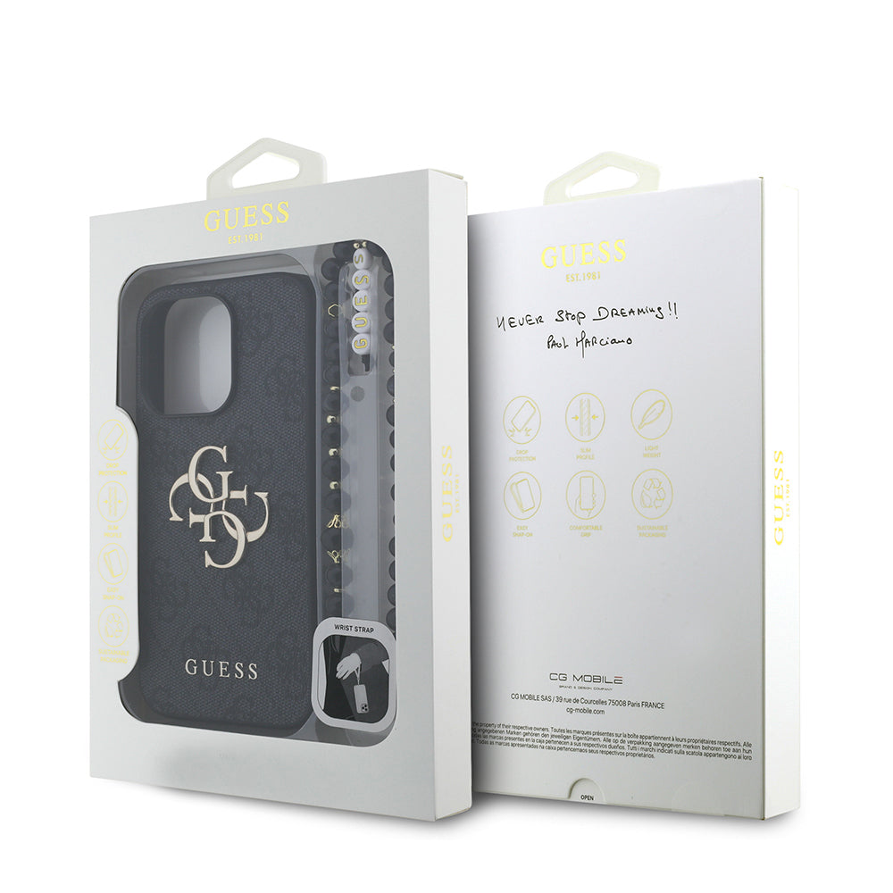 iPhone 15 Pro Max Kılıf Guess Orjinal Lisanslı PU Deri Bilek Askı İpli Metal Büyük 4G ve Yazı Logolu Kılıf