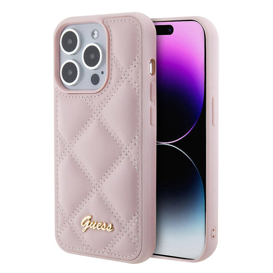 iPhone 15 Pro Max Kılıf Guess Orjinal Lisanslı PU Deri Metal Yazı Logolu Kapitone Kılıf