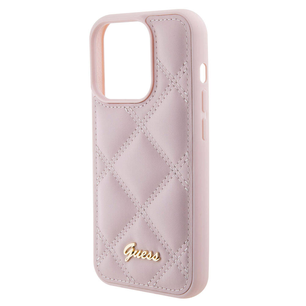 iPhone 15 Pro Max Kılıf Guess Orjinal Lisanslı PU Deri Metal Yazı Logolu Kapitone Kılıf