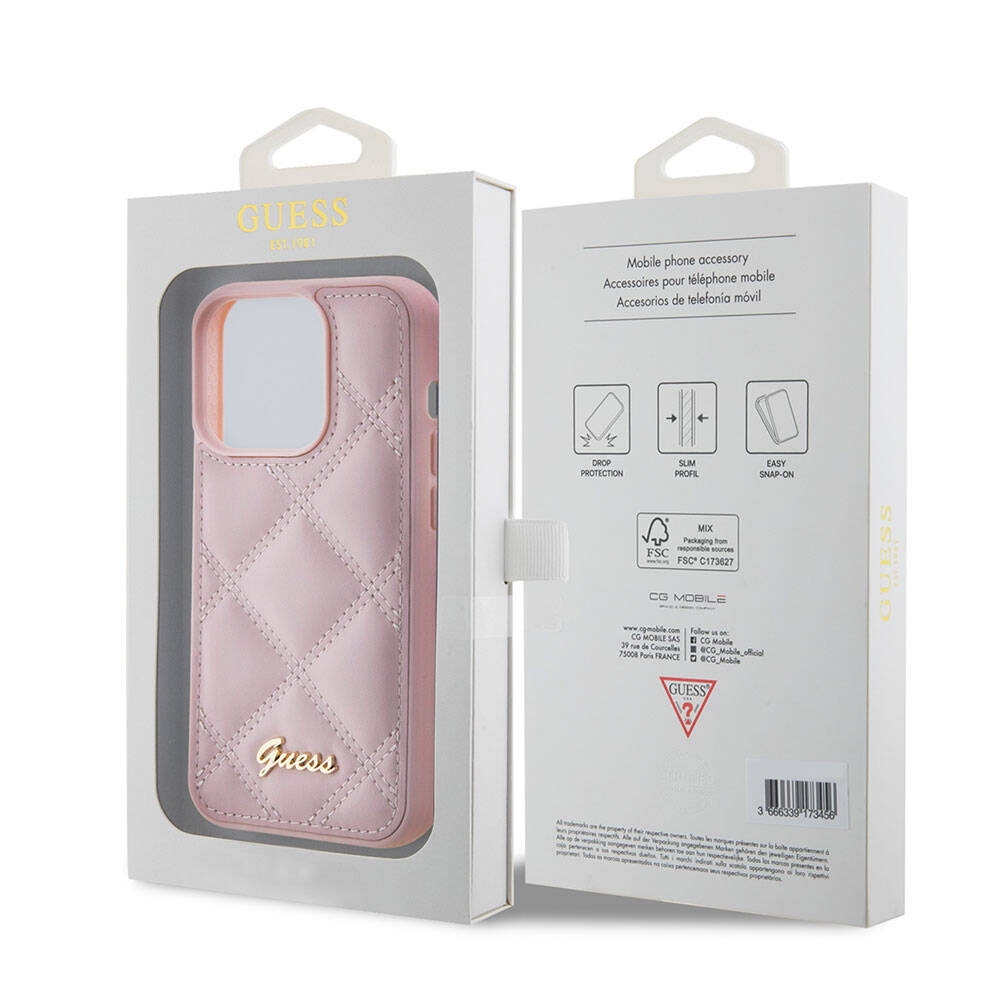 iPhone 15 Pro Max Kılıf Guess Orjinal Lisanslı PU Deri Metal Yazı Logolu Kapitone Kılıf