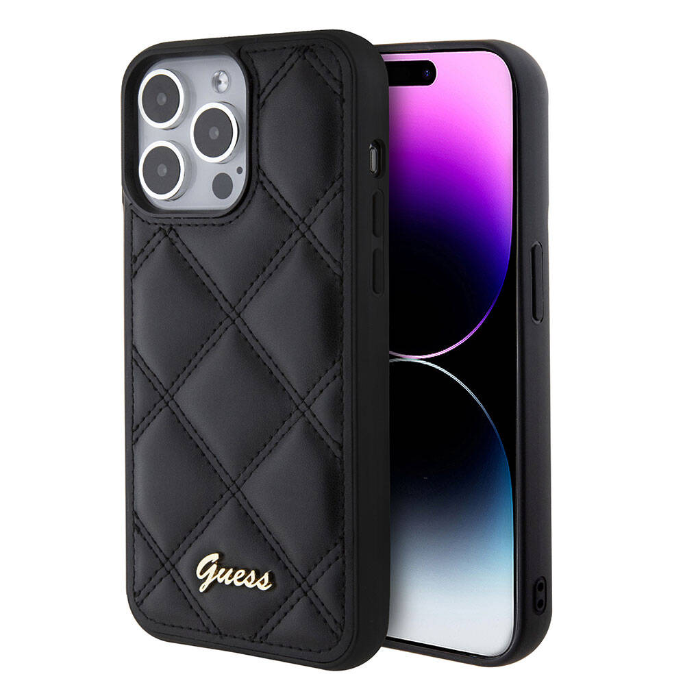 iPhone 15 Pro Max Kılıf Guess Orjinal Lisanslı PU Deri Metal Yazı Logolu Kapitone Kılıf