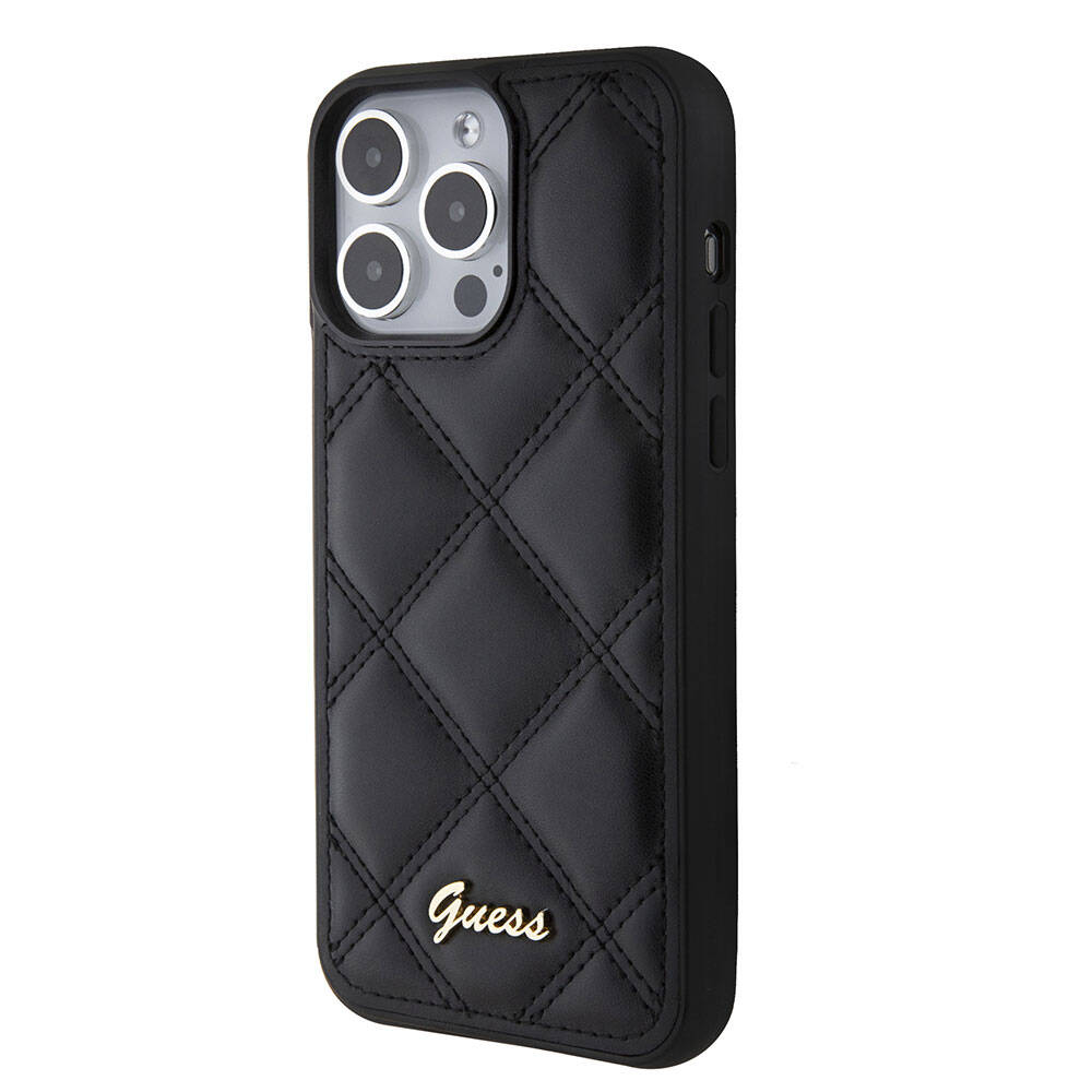 iPhone 15 Pro Max Kılıf Guess Orjinal Lisanslı PU Deri Metal Yazı Logolu Kapitone Kılıf
